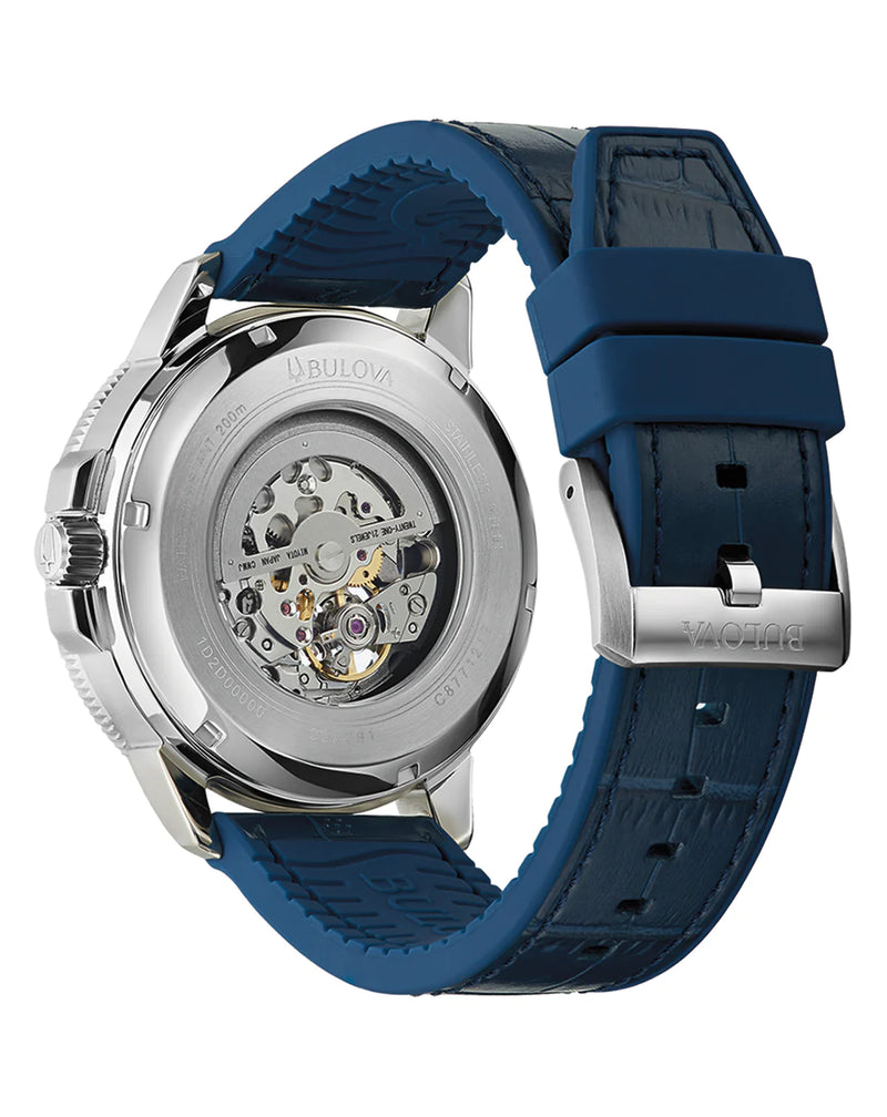 Wristwatch with a blue strap and visible mechanical movement through the transparent case back.