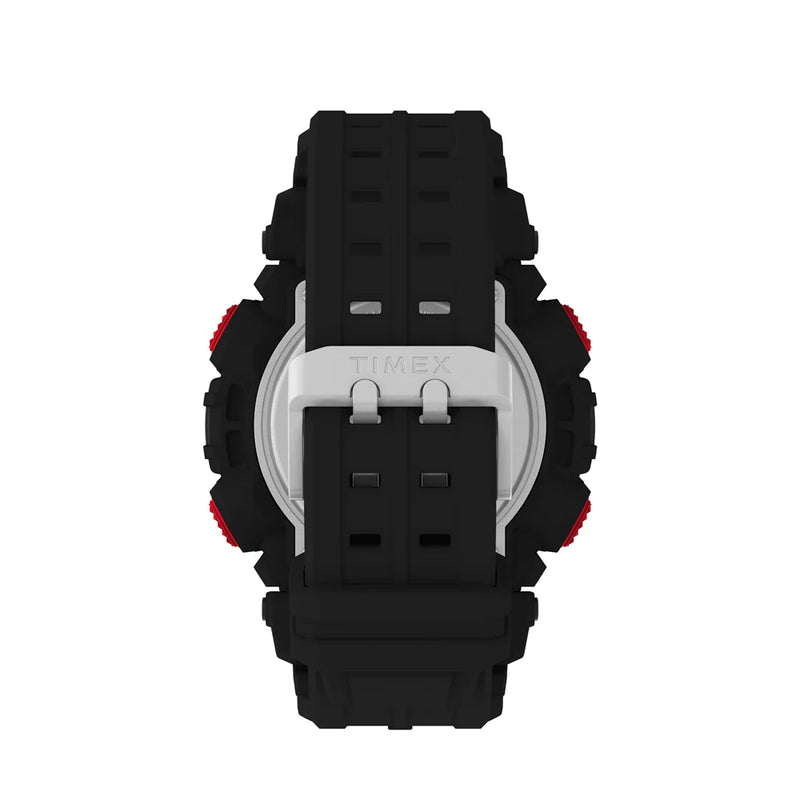 Black digital wristwatch with red accents and a round silver face.