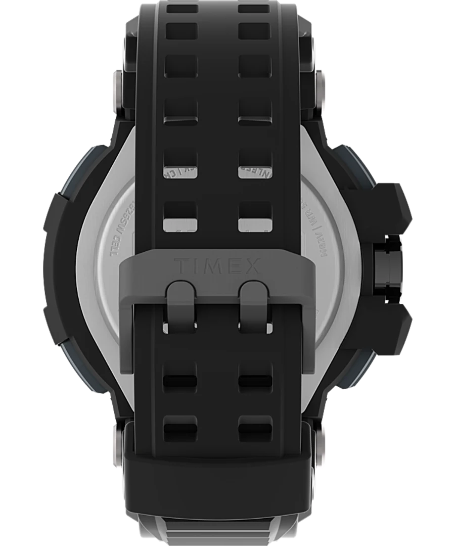 Digital sports watch with a black rubber strap and round face.