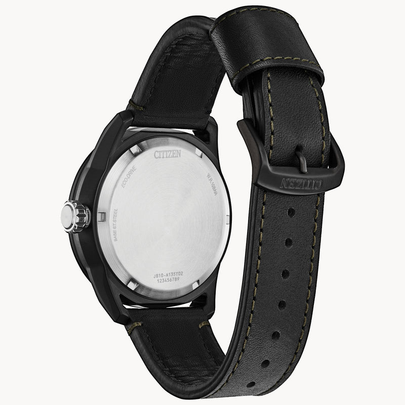 Black wristwatch with a leather strap and white dial face.