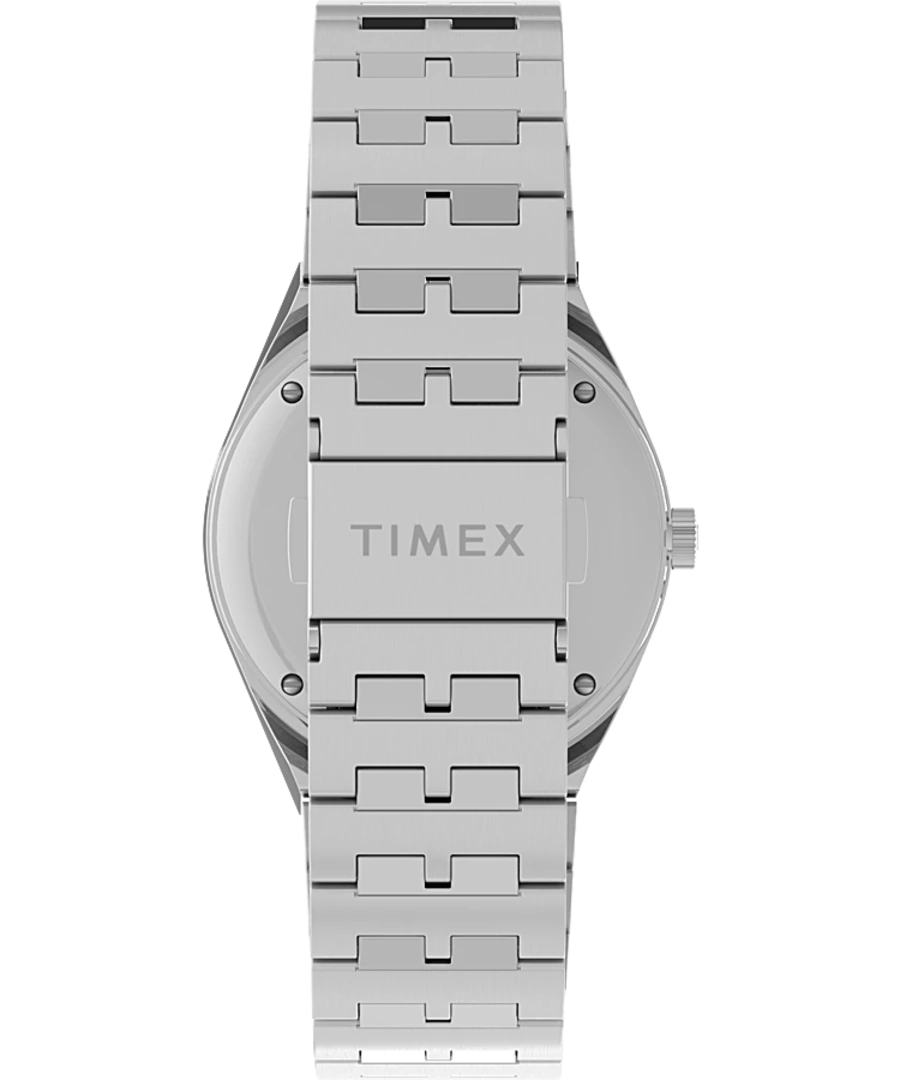 Silver metal wristwatch with a Timex brand name visible on the back.