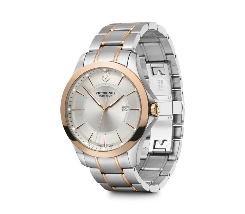 Elegant wristwatch with a two-tone silver and rose gold metal band and case.