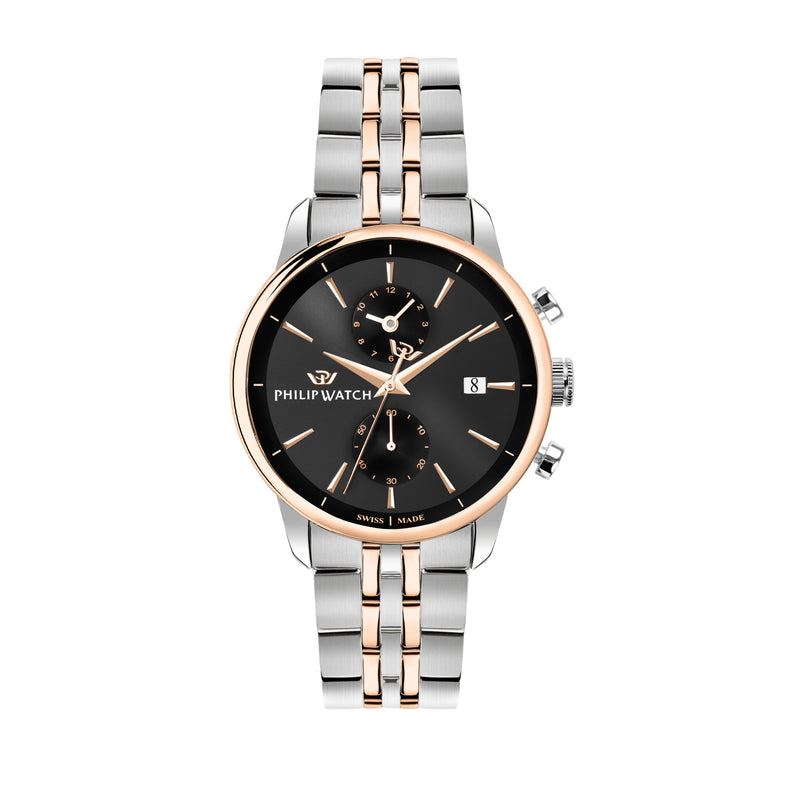 Elegant wristwatch with a two-tone metal bracelet and black dial featuring chronograph subdials.