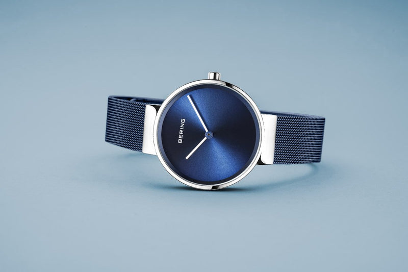 Bering Classic Brushed Silver Blue Mesh Watch