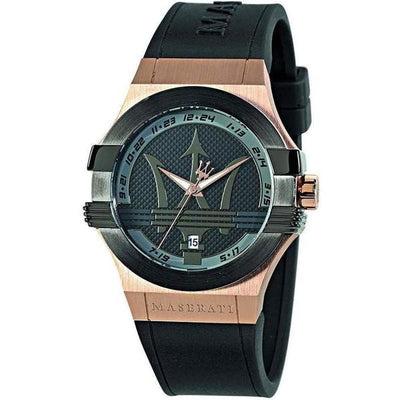 Luxury wristwatch with a black rubber strap and rose gold-toned case.