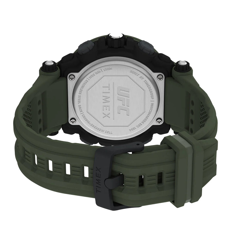 Rugged digital wristwatch with a green rubber strap and black casing.