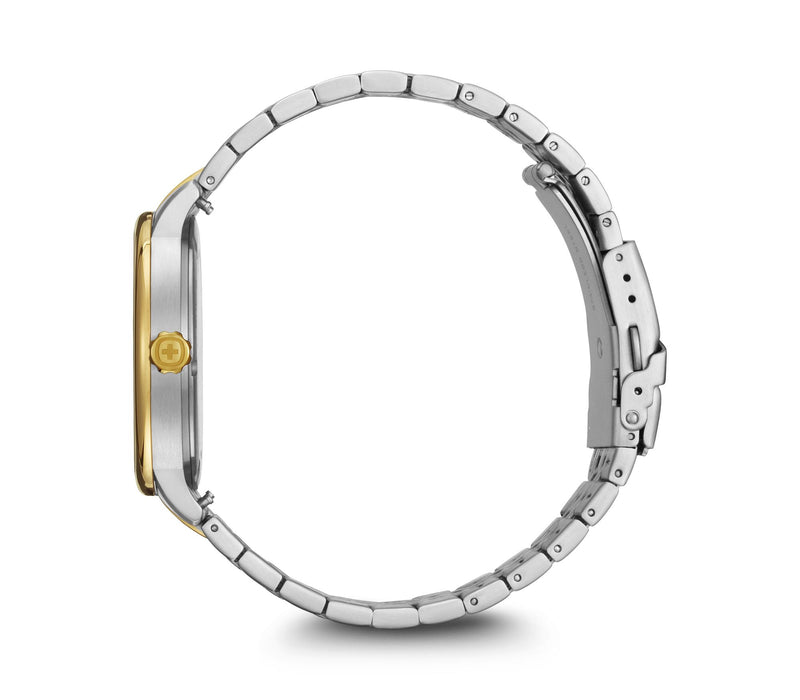 Wristwatch with a silver metal band and gold-accented case viewed from the side.