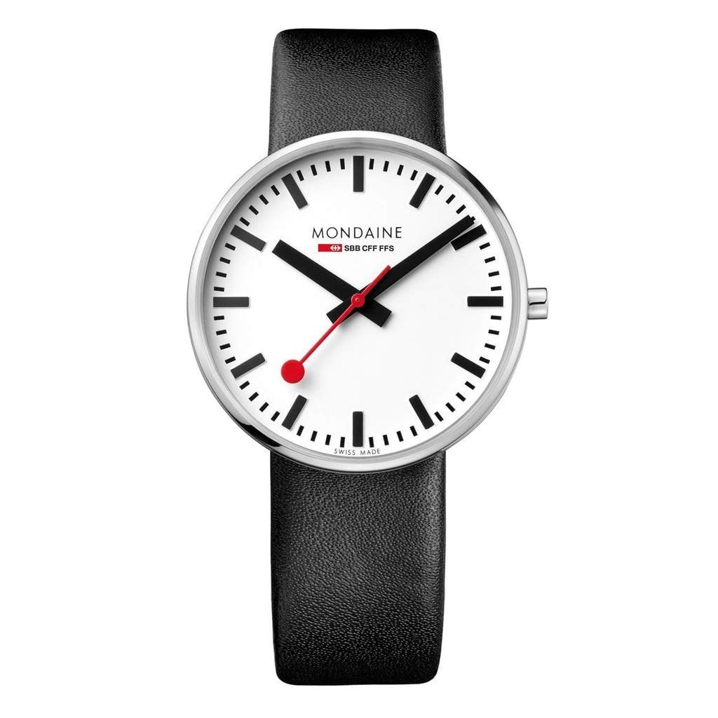 Minimalist wristwatch with a white face, black leather strap, and red second hand.