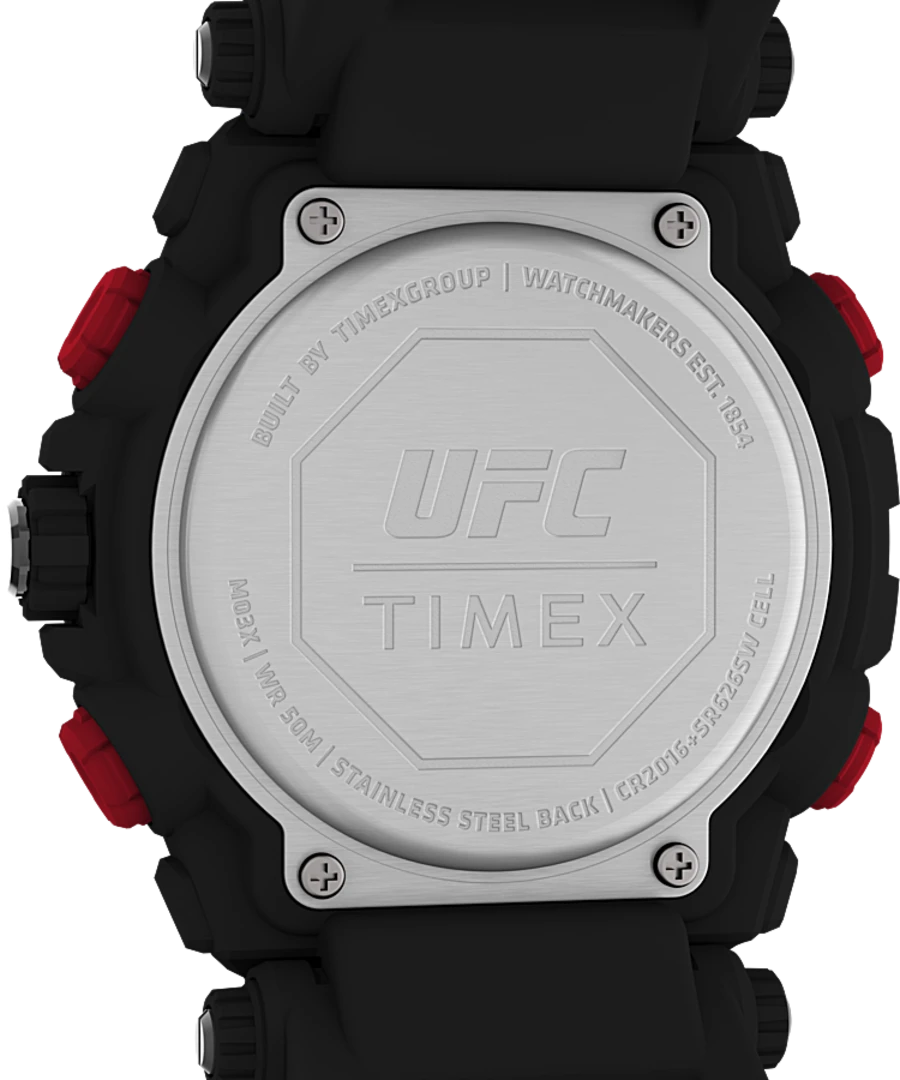 Back of a UFC-branded Timex watch with a black and red band.