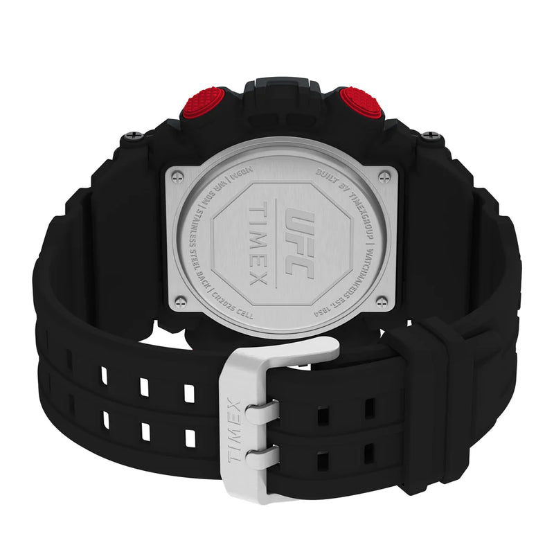 Black digital sports watch with a rugged design and red accents.