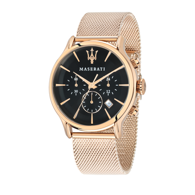 Elegant gold-toned Maserati wristwatch with a black dial and mesh band.