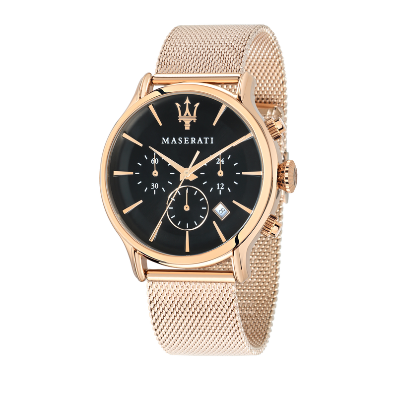 Elegant gold-toned Maserati wristwatch with a black dial and mesh band.