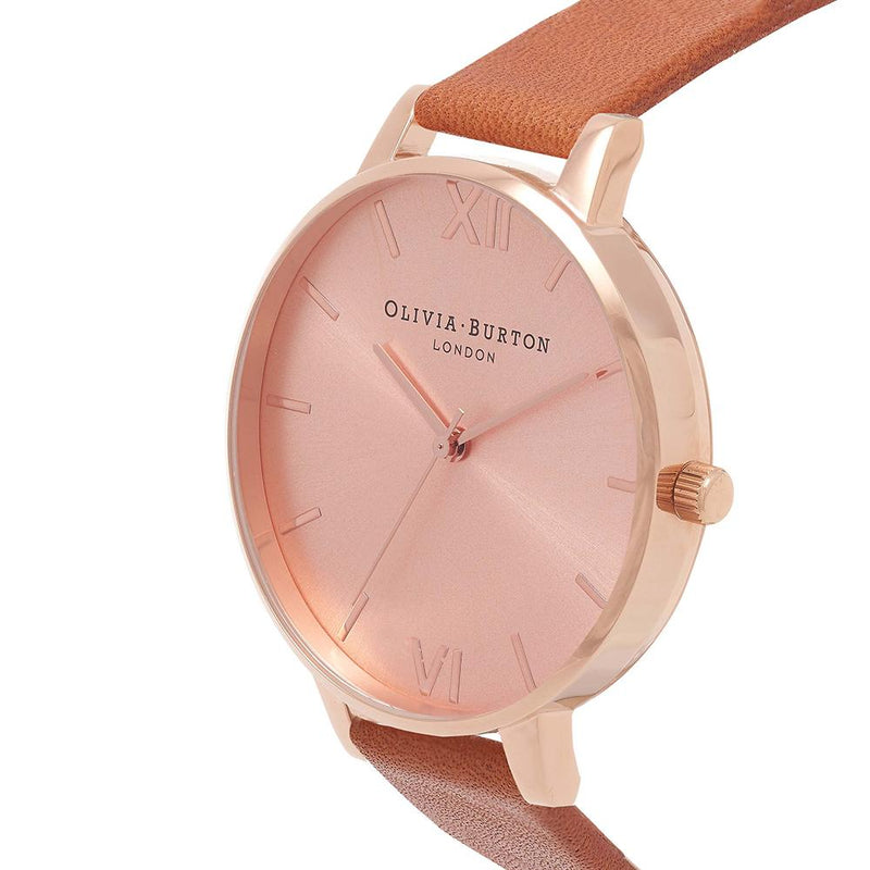 Olivia Burton Big Dial Rose Gold Case Tan Watch - Rose Gold