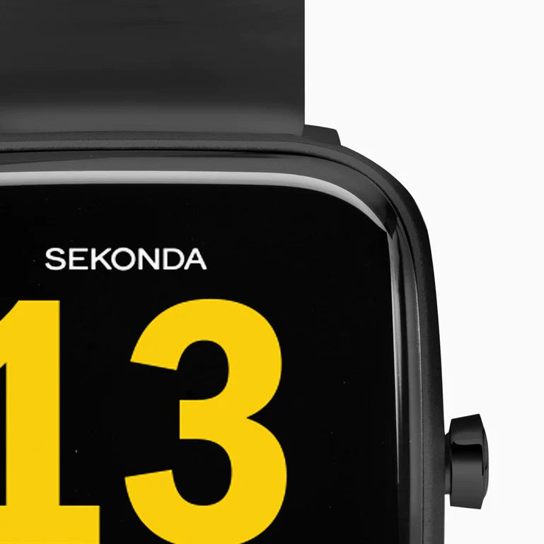 Digital watch face displaying the number 13 in yellow on a black background, with the brand name ’SEKONDA’ visible.