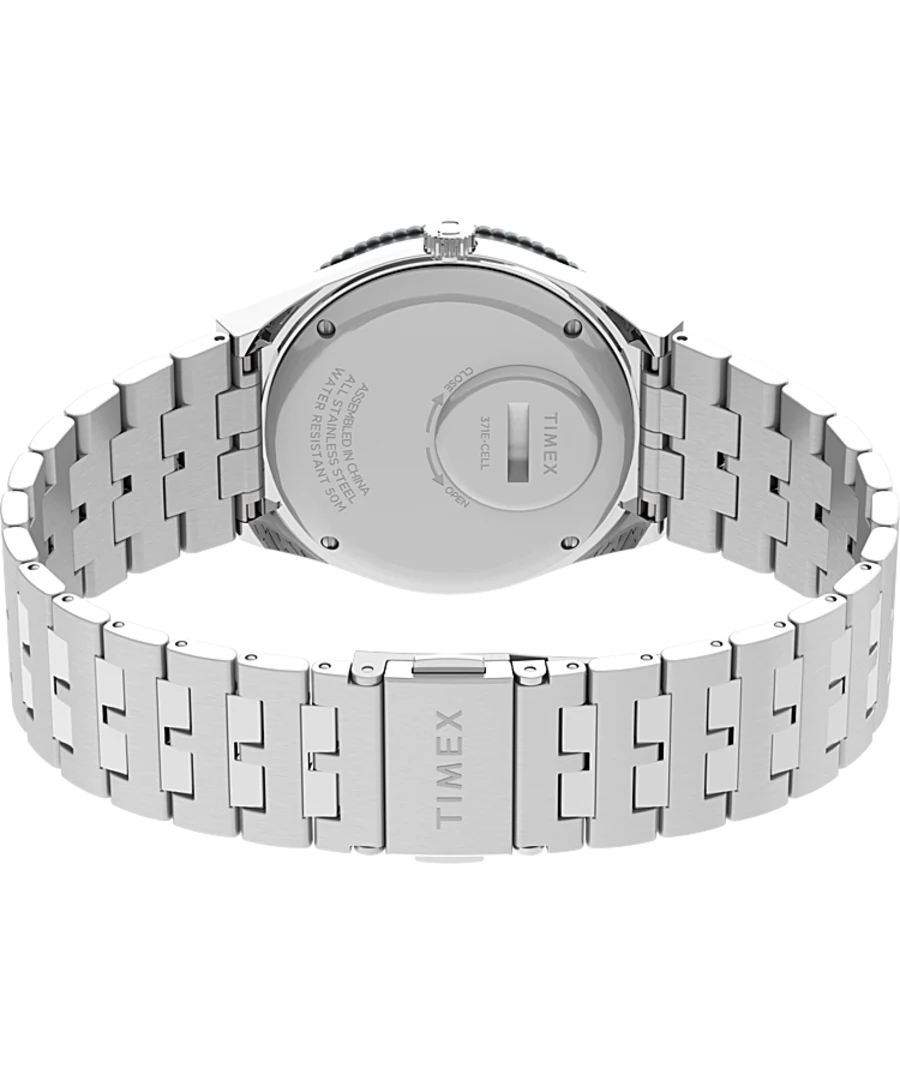 Silver metal wristwatch with a linked bracelet band.