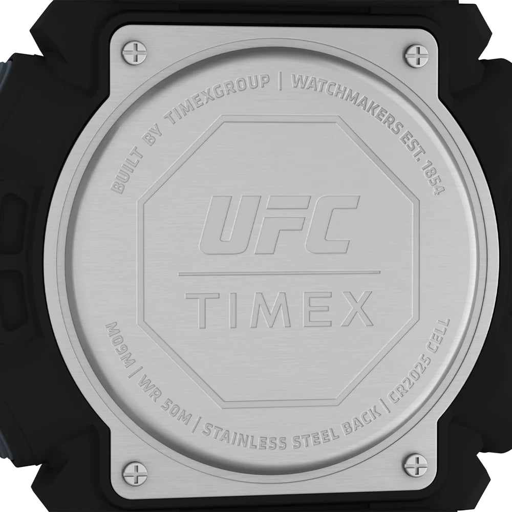 Back of a UFC Timex watch, showing the engraved metal case.