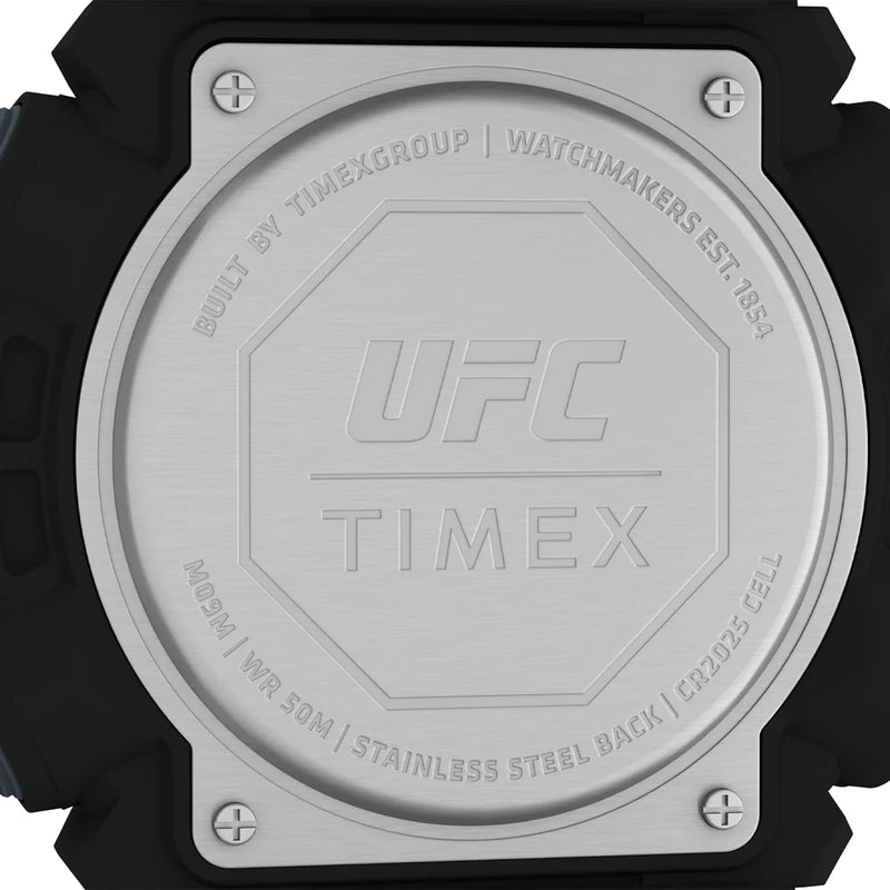 Back of a UFC Timex watch, showing the engraved metal case.