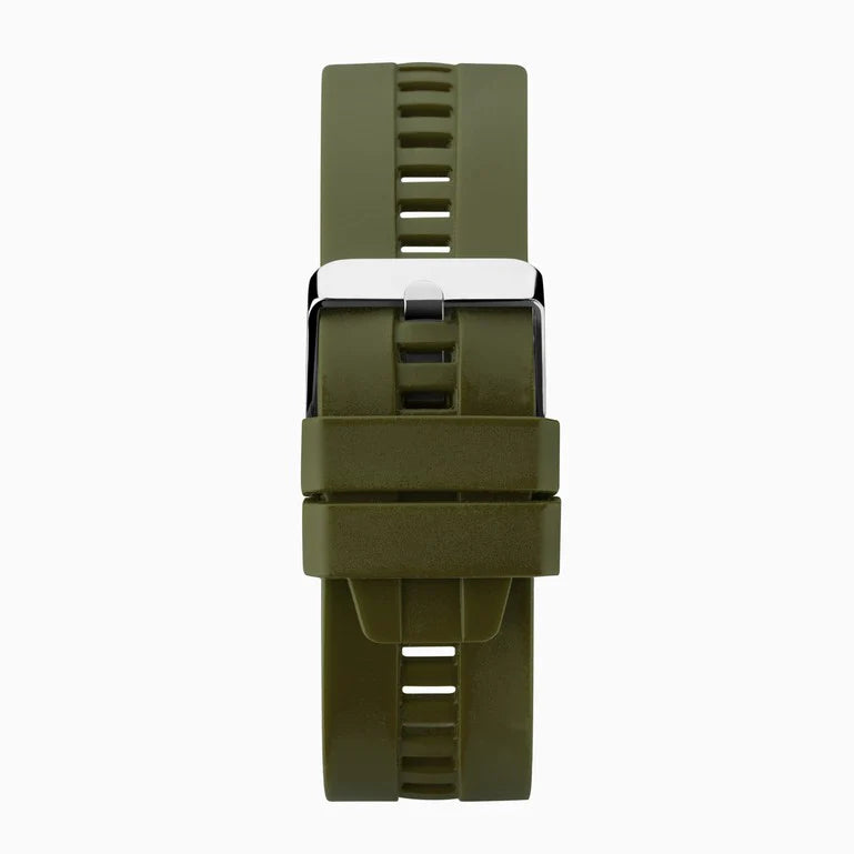 Green silicone or rubber watch strap with a metal buckle.