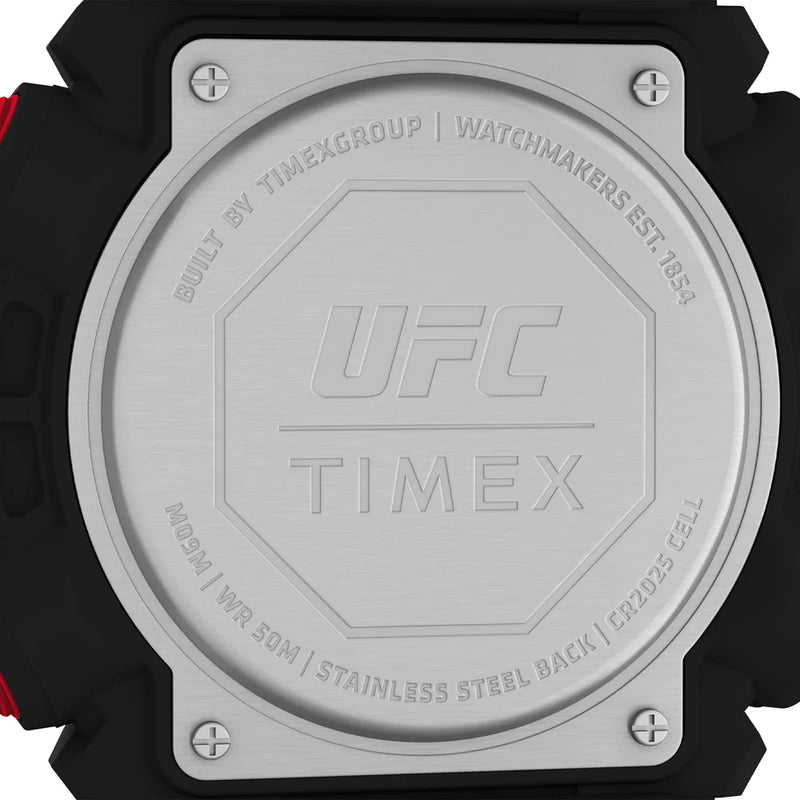 Back of a UFC-branded Timex watch, showing the engraved metal case.