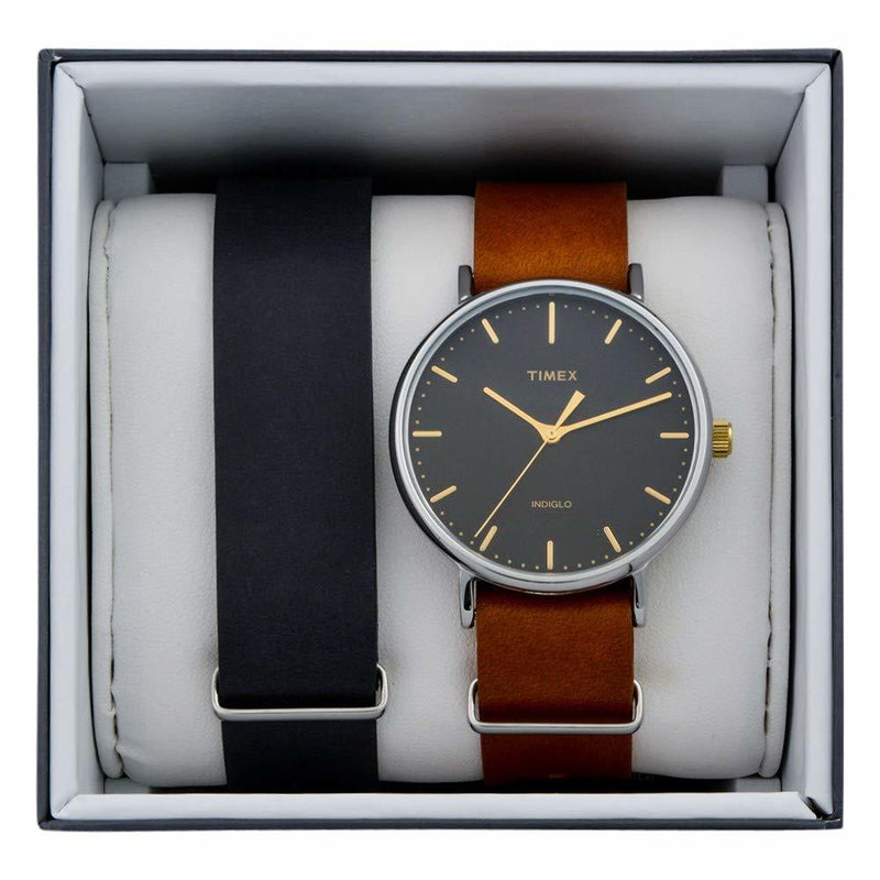 Timex Fairfield Brown Leather + Grey Leather Band Mens Watch (Twg016500)