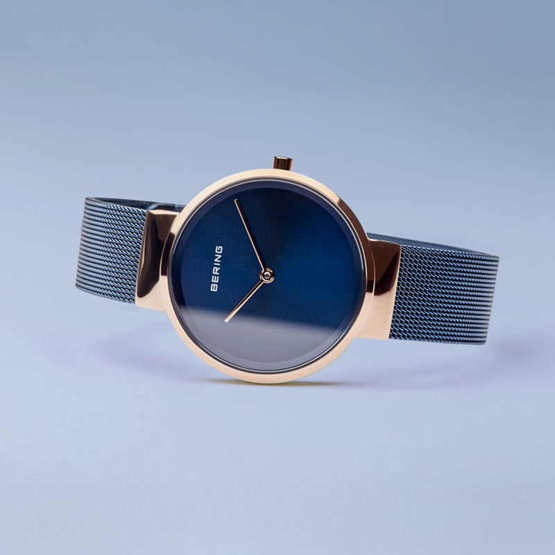 Bering Classic Polished Rose Gold Blue Mesh Watch