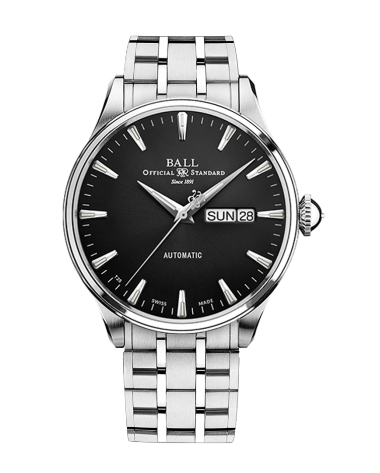 Stainless steel wristwatch with a black dial and day-date display.