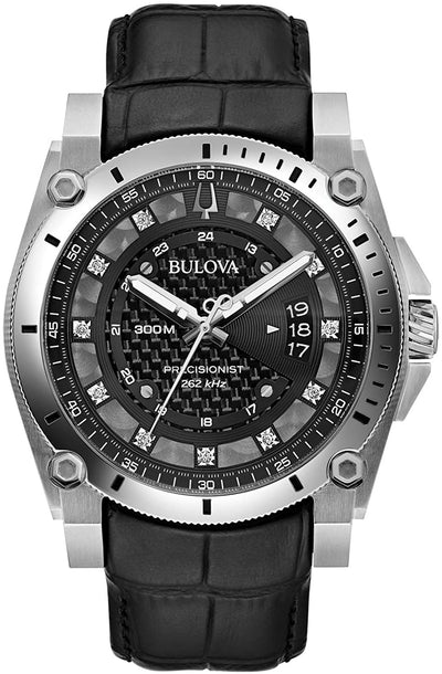 Bulova Precisionist Diamond Black Leather Band Mens Watch 96D147