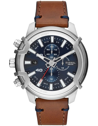 Diesel Griffed Blue Dial Chronograph Brown Leather Watch DZ4518