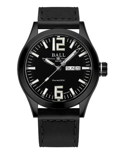 Black wristwatch with a leather strap and prominent white numerals on the dial.
