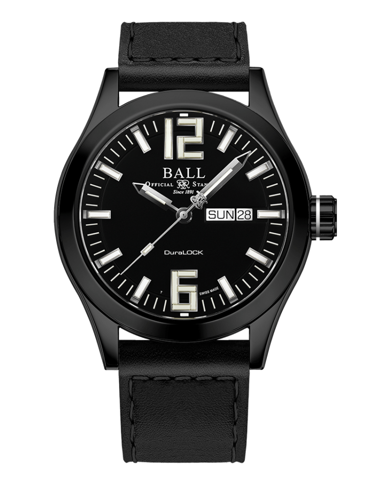 Black wristwatch with a leather strap and prominent white numerals on the dial.