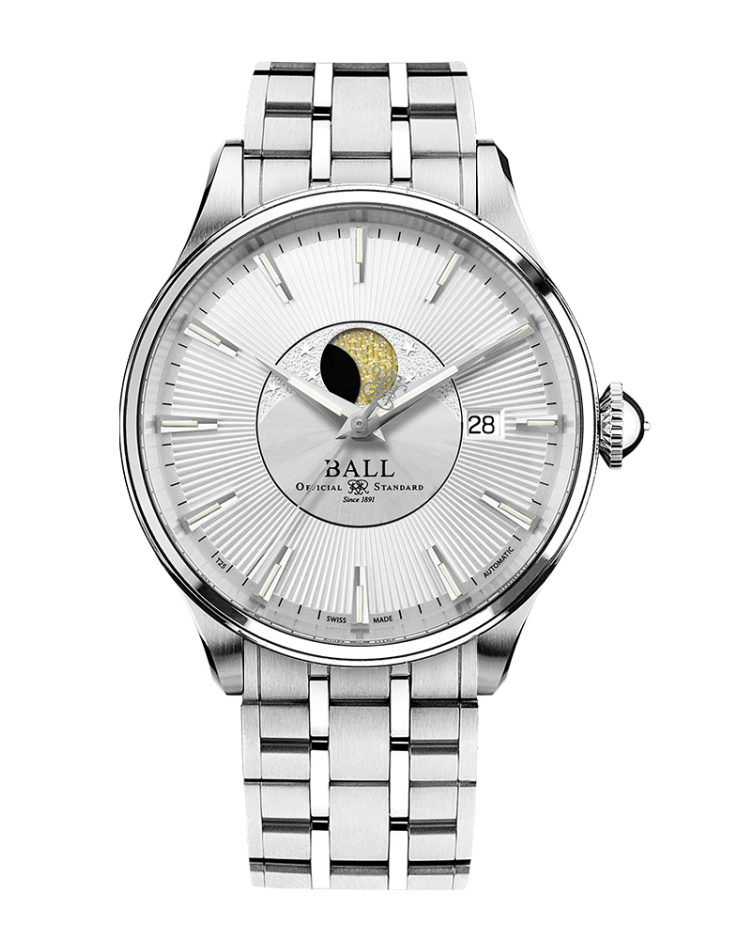 Elegant silver wristwatch with a moon phase complication and date display.
