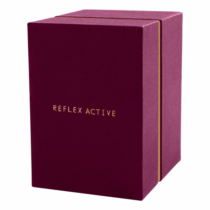 Burgundy box with gold lettering reading ’REFLEX ACTIVE’ on the front.