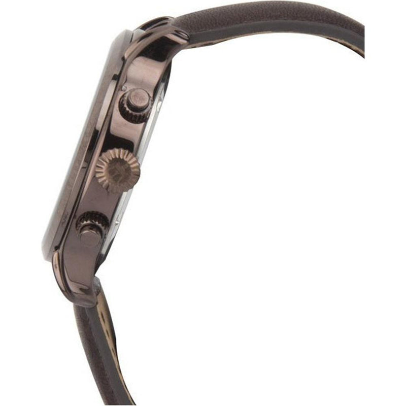 Sleek chronograph wristwatch with a dark metallic finish and leather strap.