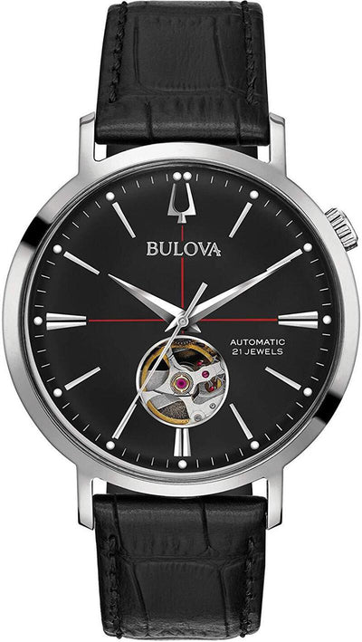 Bulova Aerojet Automatic Black Leather Band Mens Watch 96A201