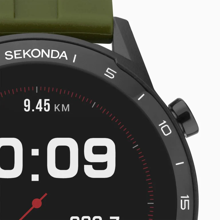 Smartwatch with a digital display showing time and distance information.