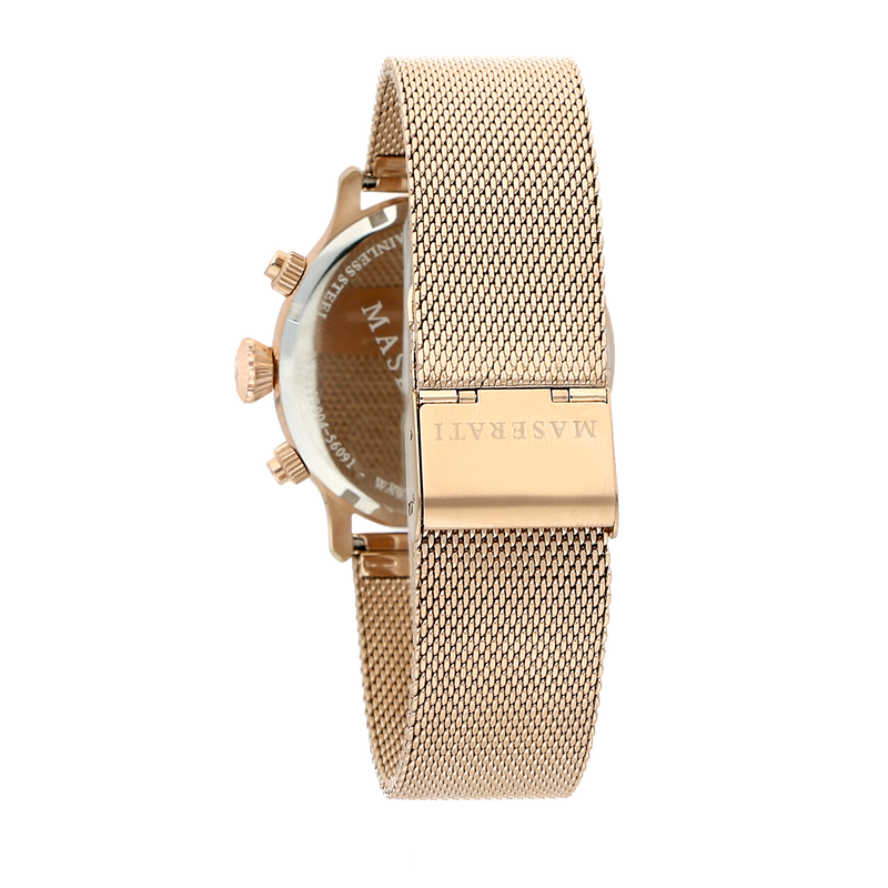 Gold-toned wristwatch with a mesh metal band and chronograph features.