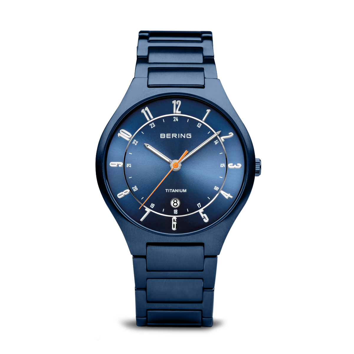 Blue wristwatch with a round face and metal bracelet.