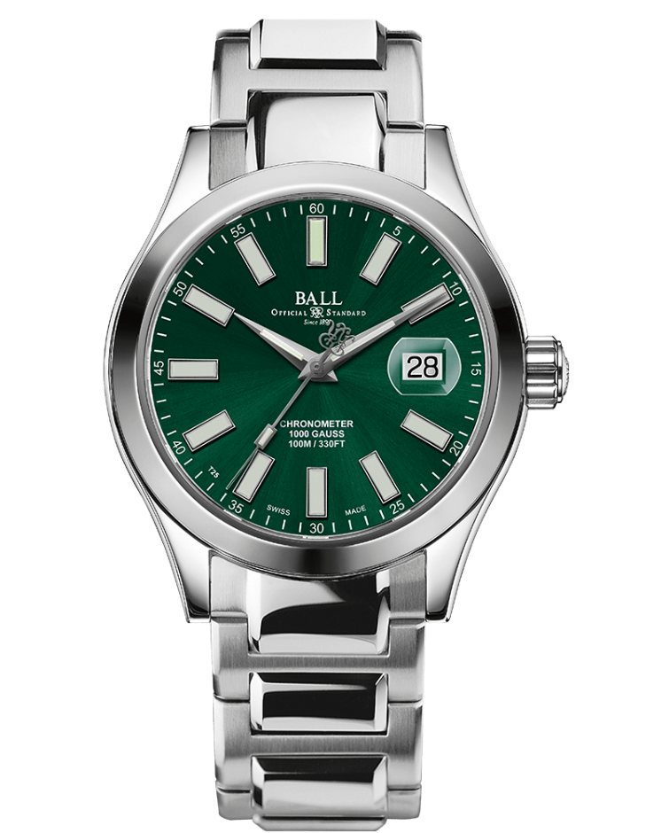 Stainless steel wristwatch with a green dial and date window.