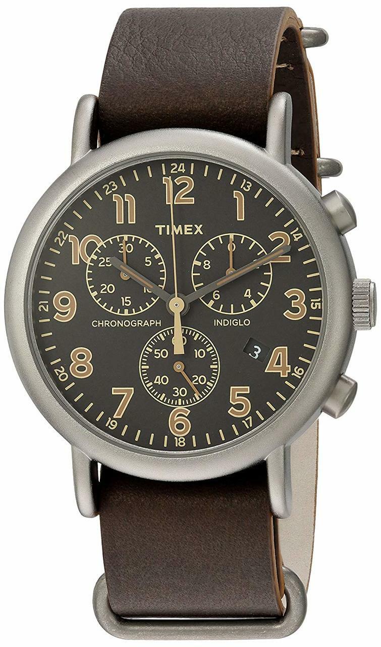 Timex Mens Tw2P85400 Weekender Chrono Titanium-Tone/Dark Brown Leather Slip-Thru Strap Watch