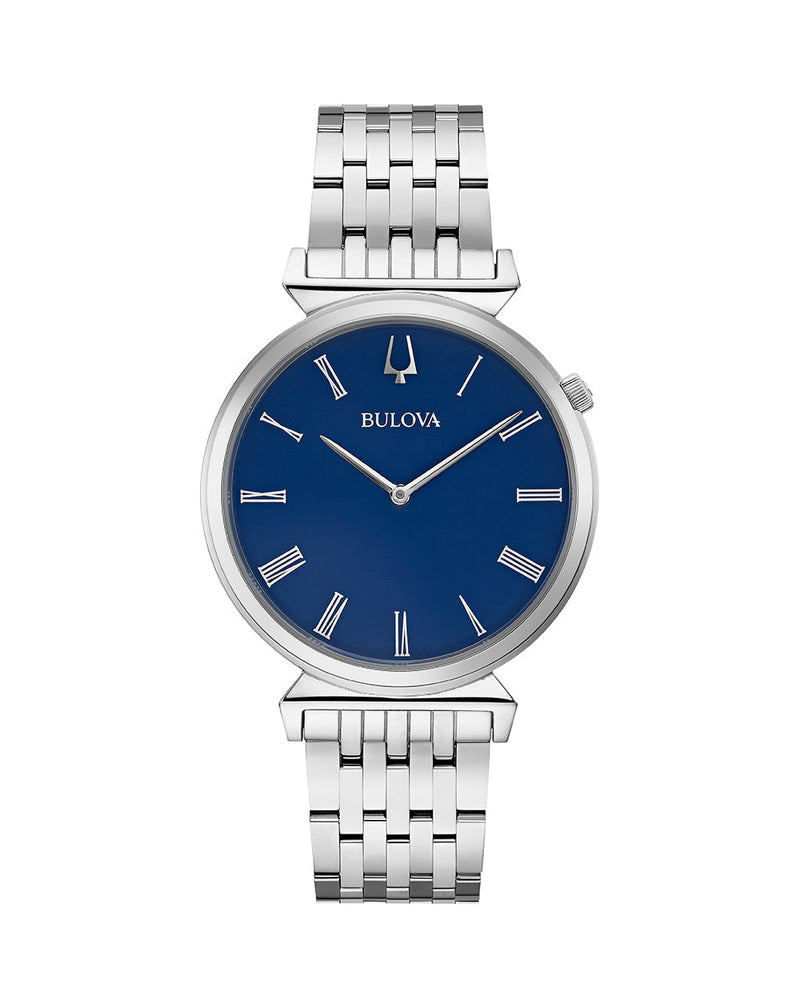 Sleek silver wristwatch with a round blue dial and metal link bracelet.