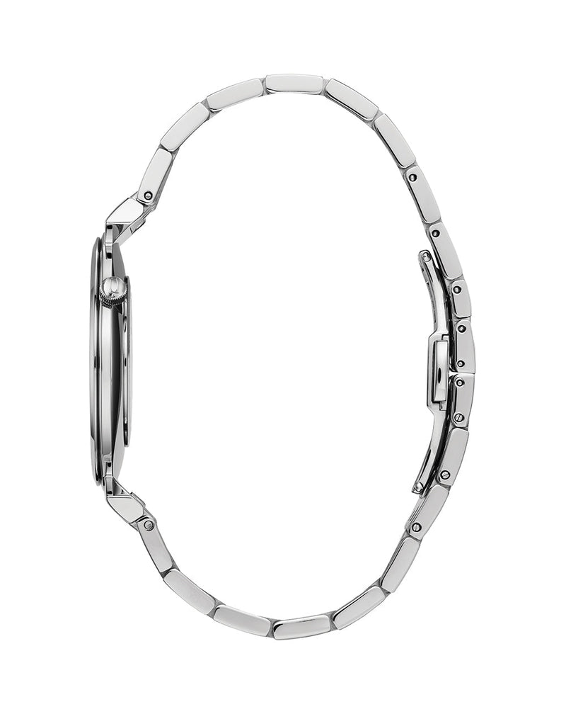 Silver wristwatch with a metal link band.