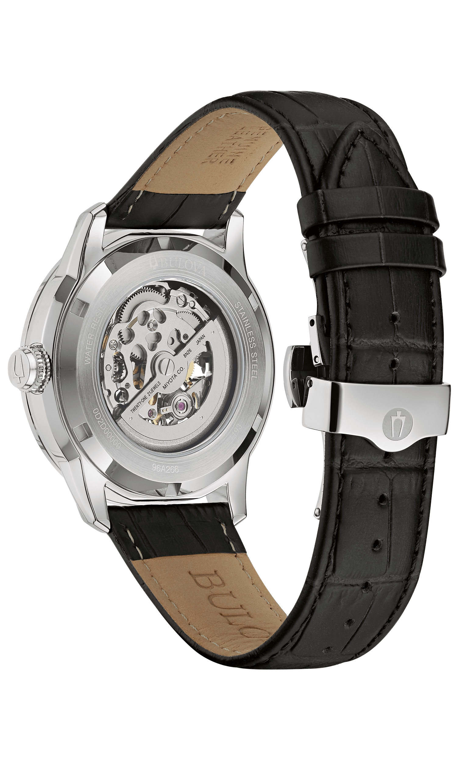 Bulova Sutton Skeleton Automatic Black Leather Band Mens Watch 96A266
