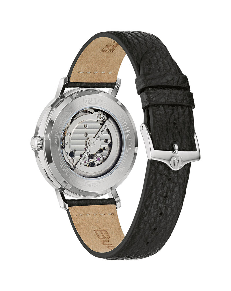 Bulova Aerojet Automatic Blue Dial Black Leather Band Mens Watch 96B374