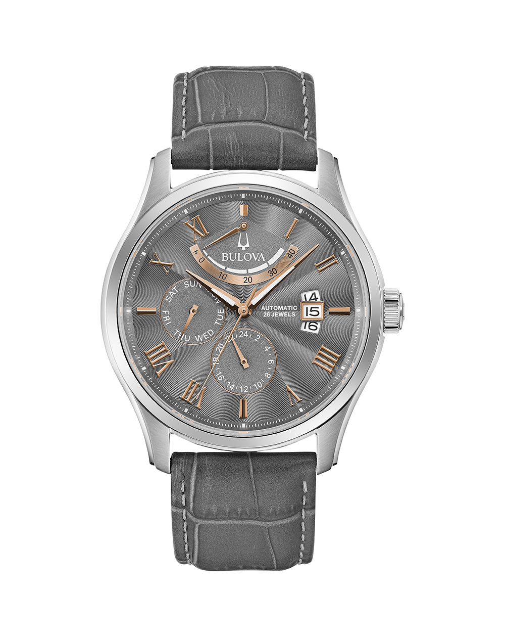 Elegant wristwatch with a gray dial, silver case, and gray leather strap.