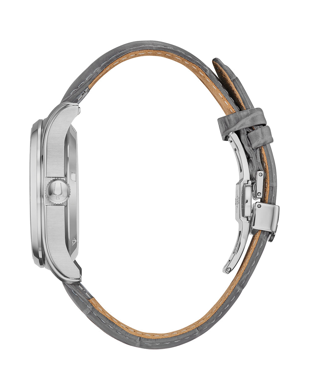 Wristwatch with a gray leather strap and silver-toned case viewed from the side.