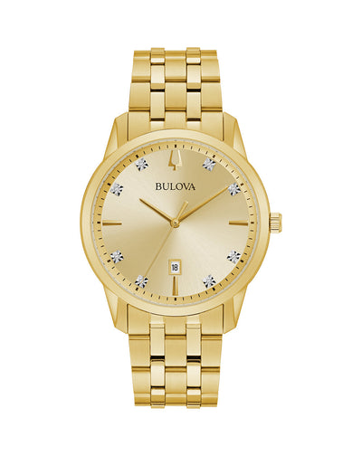 Gold-toned wristwatch with a metal bracelet and diamond hour markers.