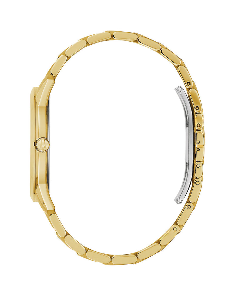 Gold-toned wristwatch with a metal link bracelet.