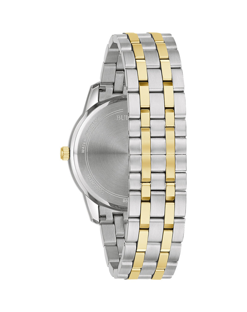 Two-tone metal watch bracelet with alternating silver and gold-colored links.