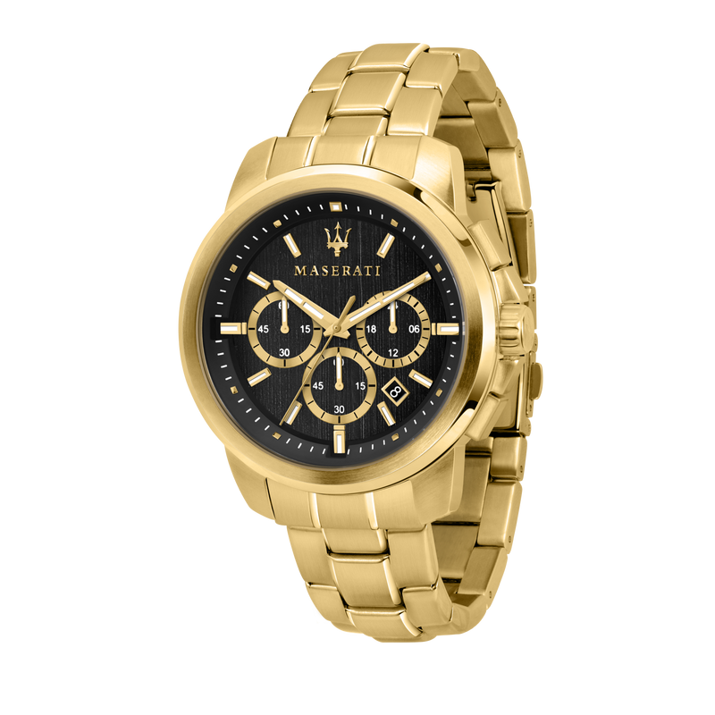 Gold-toned Maserati wristwatch with a black dial and multiple subdials.