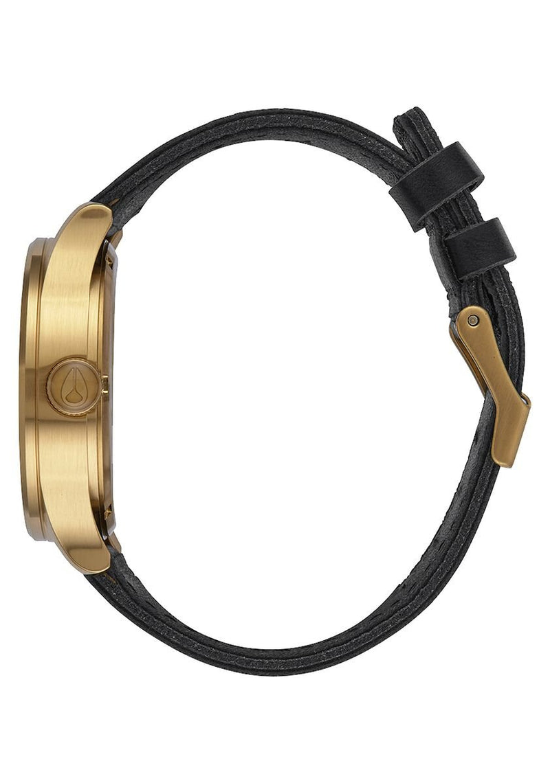 Gold-toned wristwatch with a black leather strap.